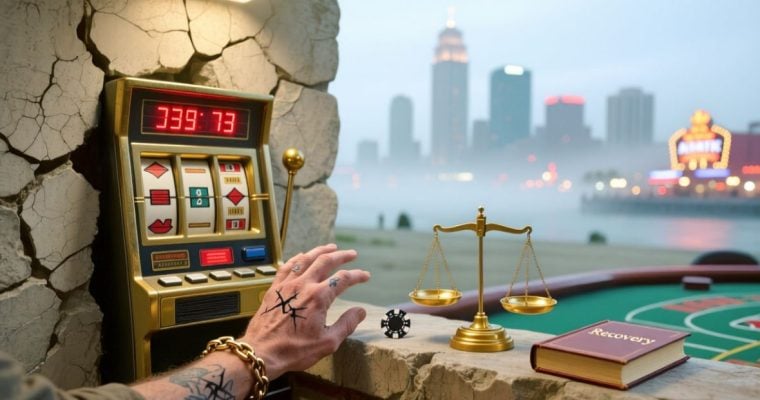Man's Cracked Hands Reach for Gaming Chip With NJ Cityscape Background
