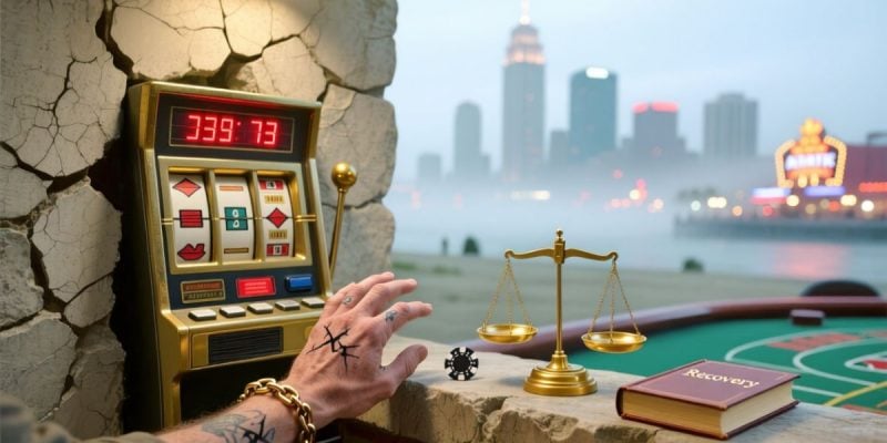 Man's Cracked Hands Reach for Gaming Chip With NJ Cityscape Background