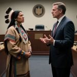 Businessmen in Suits Face Native American inside Courtroom