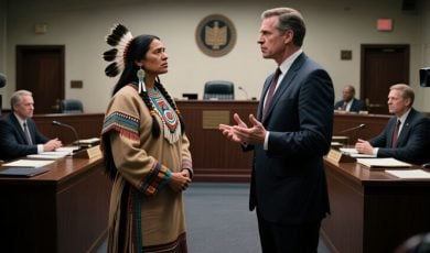 Businessmen in Suits Face Native American inside Courtroom