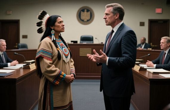 Businessmen in Suits Face Native American inside Courtroom