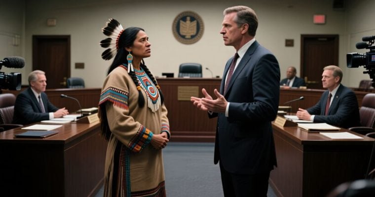 Businessmen in Suits Face Native American inside Courtroom