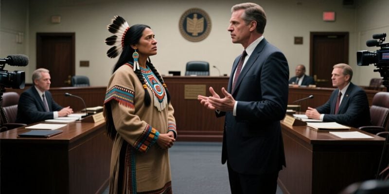 Businessmen in Suits Face Native American inside Courtroom