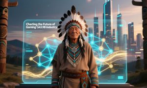 Cityscape and Digital Screen Background with Indian Man Standing in Front