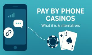Teal header graphic showing a smartphone with signal/chat icons and a broken-link symbol, dotted line to a casino chip and two aces, with the text ‘Pay by Phone Casinos – What it is & alternatives’.
