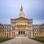 Front of Michigan State Capital Building and Grounds at Evening