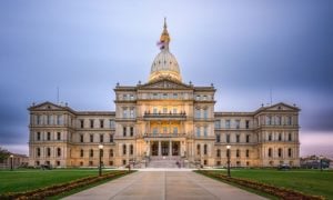 Front of Michigan State Capital Building and Grounds at Evening