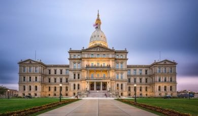 Front of Michigan State Capital Building and Grounds at Evening