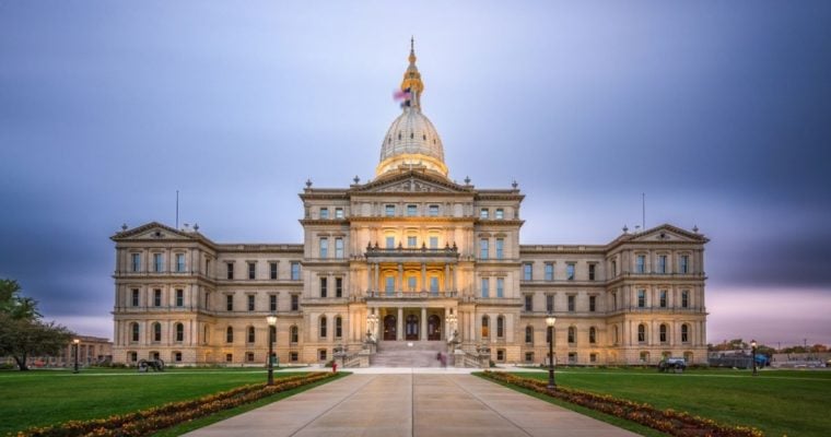 Front of Michigan State Capital Building and Grounds at Evening