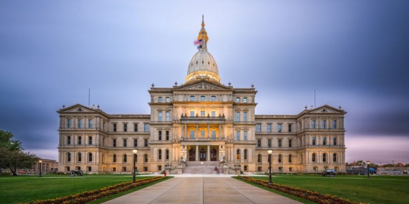 Front of Michigan State Capital Building and Grounds at Evening