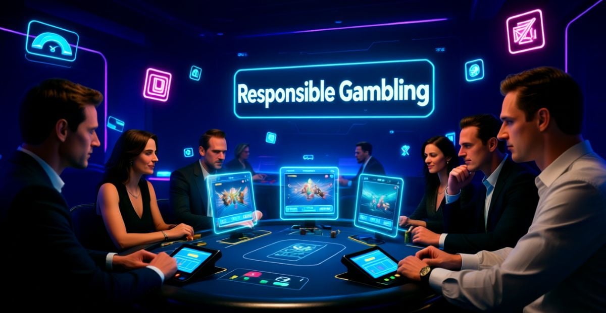 Responsible Gambling Neon Sign Sits Above Players Sitting At EGT