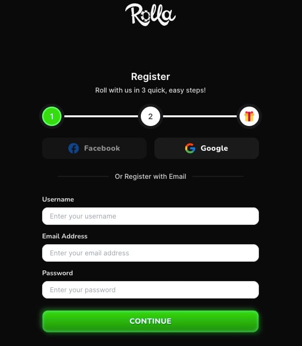 Rolla sign-up screen for bonuses