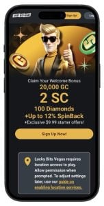 A screenshot of the LuckyBitsVegas Casino welcome offer on a mobile phone
