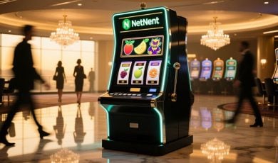 NetEnt Slot Machine Game Sits Center Of Casino Floor As Guests Walk Nearby