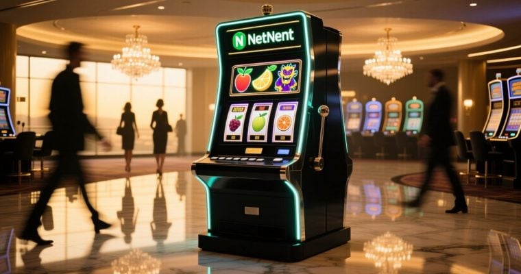NetEnt Slot Machine Game Sits Center Of Casino Floor As Guests Walk Nearby