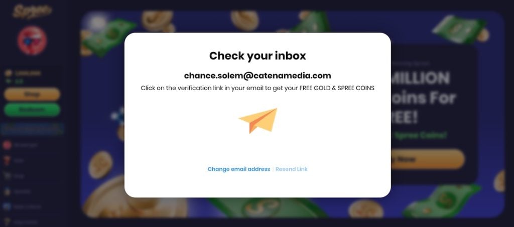Spree Casino email verification pop-up