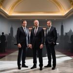 NYC cityscape Back Drops Interior Casino Hallway with Three Suited Men Standing