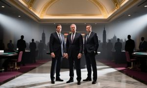 NYC cityscape Back Drops Interior Casino Hallway with Three Suited Men Standing