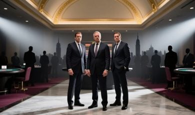NYC cityscape Back Drops Interior Casino Hallway with Three Suited Men Standing