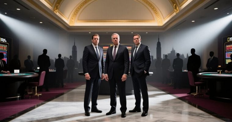 NYC cityscape Back Drops Interior Casino Hallway with Three Suited Men Standing
