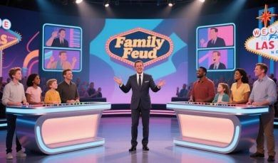 Family Feud Game Show Stage with Las Vegas Signs Above