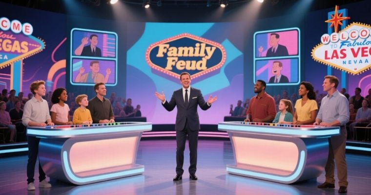 Family Feud Game Show Stage with Las Vegas Signs Above