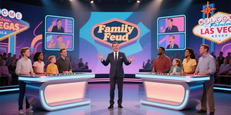 Family Feud Game Show Stage with Las Vegas Signs Above