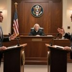 Judge at Center of Courtroom wit Two Men Opposed in Foreground