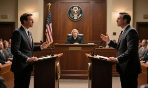 Judge at Center of Courtroom wit Two Men Opposed in Foreground