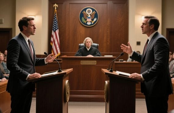 Judge at Center of Courtroom wit Two Men Opposed in Foreground