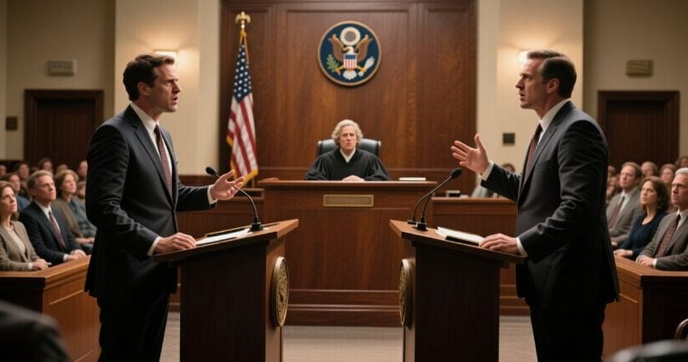 Judge at Center of Courtroom wit Two Men Opposed in Foreground