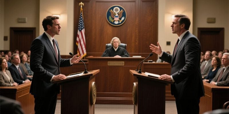 Judge at Center of Courtroom wit Two Men Opposed in Foreground
