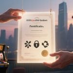Glowing Certificate Held By Two Hands In Business Suits In Front of Bright Cityscape.