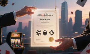 Glowing Certificate Held By Two Hands In Business Suits In Front of Bright Cityscape.