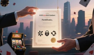 Glowing Certificate Held By Two Hands In Business Suits In Front of Bright Cityscape.