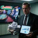 Man Holds Stack of Legal Papers with Casino Image Background