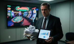 Man Holds Stack of Legal Papers with Casino Image Background