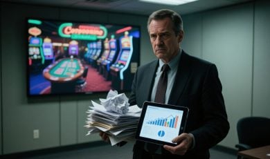 Man Holds Stack of Legal Papers with Casino Image Background