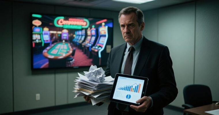 Man Holds Stack of Legal Papers with Casino Image Background