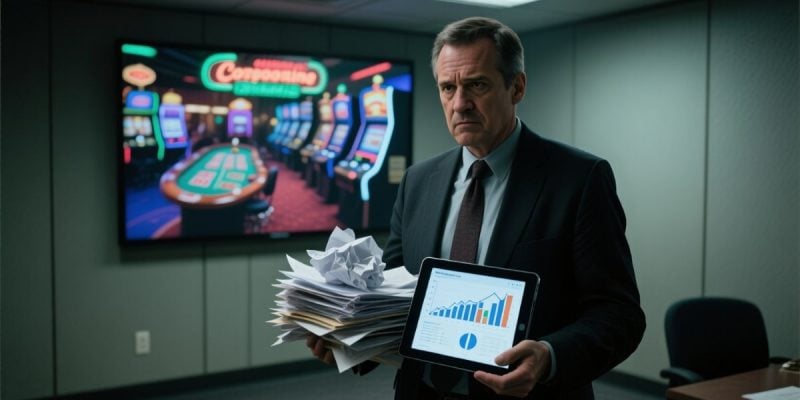 Man Holds Stack of Legal Papers with Casino Image Background