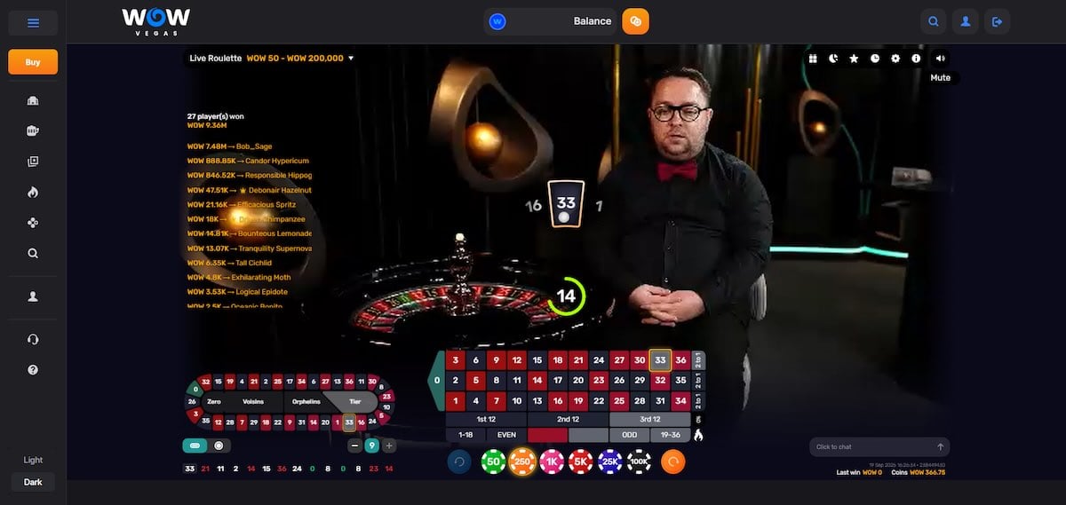 WOW Vegas Live Dealer Auto Roulette Desktop