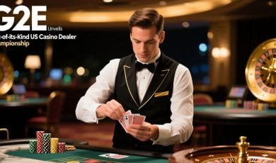 Dealer In Uniform At Casino Shuffles a Deck of Playing Cards