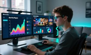 Two Gaming Computer Screens Display Graphs and Slots-First Players