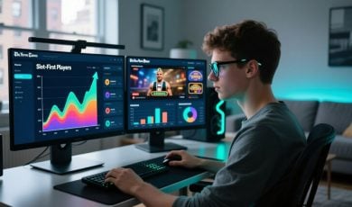 Two Gaming Computer Screens Display Graphs and Slots-First Players