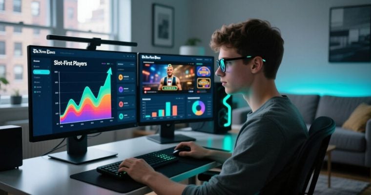 Two Gaming Computer Screens Display Graphs and Slots-First Players