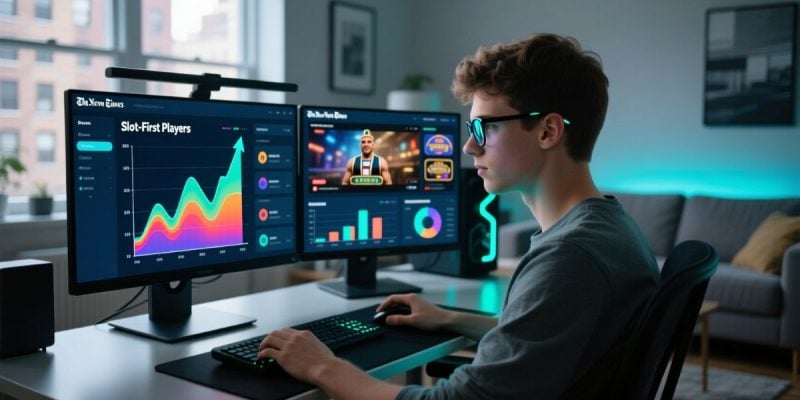 Two Gaming Computer Screens Display Graphs and Slots-First Players