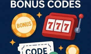 A colorful illustration featuring casino elements: a red slot machine showing 777, a gold poker chip labeled “BONUS,” a white voucher ticket with the word “CODE” and a green checkmark, and additional poker chips and star accents on a dark blue background. The text “Casino Bonus Codes” appears at the top in bold white letters.