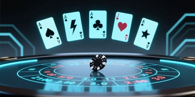 Electronic Casino Game Table with 5 Playing Cards Above