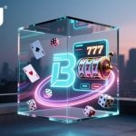 Cube with Online Casino Games From Bragg & 7777 Gaming with Cityscape Background