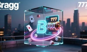 Cube with Online Casino Games From Bragg & 7777 Gaming with Cityscape Background